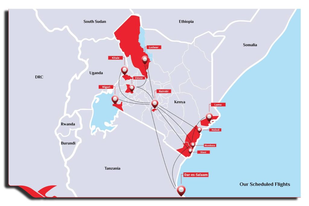 Skyward Express scheduled flights route map across East Africa